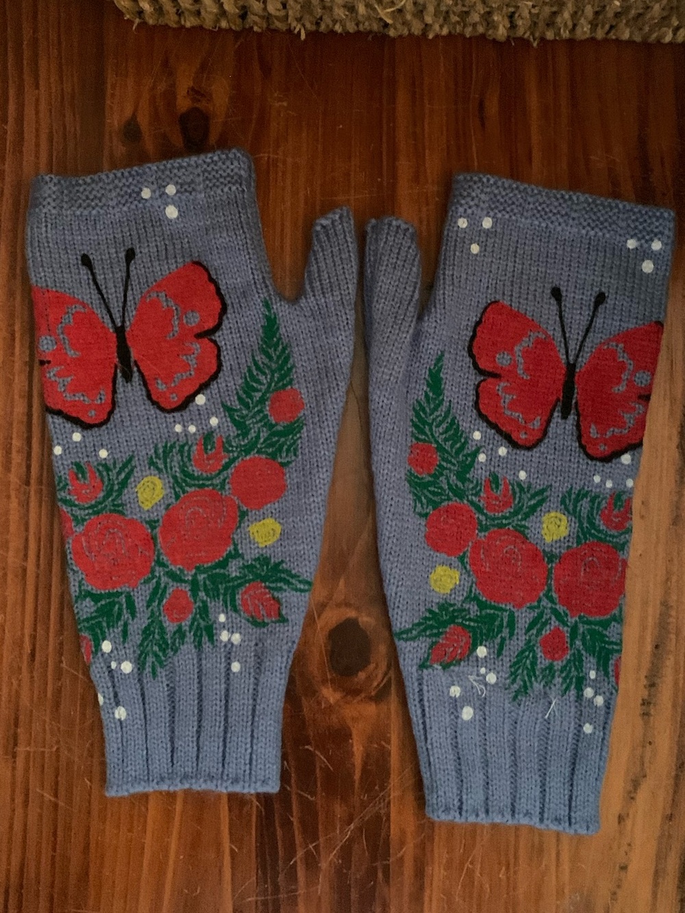 Knit Fingerless Gloves with Red Butterfly & Floral Motif - Blue
